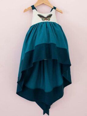 NWT Girls Pleiades Teal Butterfly Windsong Linen Blend Hi Lo Summer Dress size 8